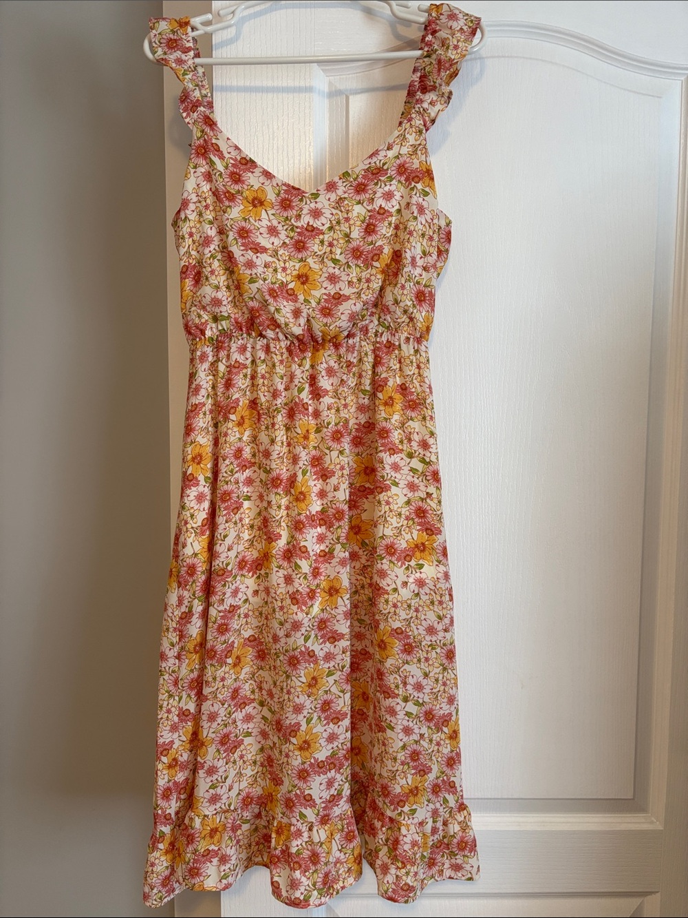 Sienna Sky Pink and Yellow Floral Ruffle Strap Midi Dress